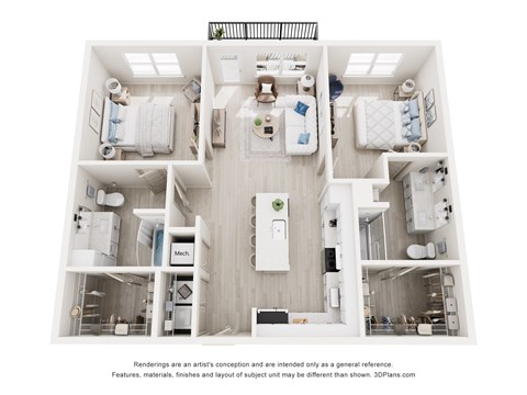 Floor plan for 2 beds, 2 baths, 1107 sqft